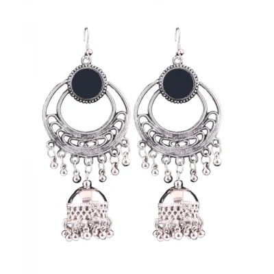 Women's Silver Oxidized Hook Dangler Hanging Afgani Tribal Fancy Earrings-Silver