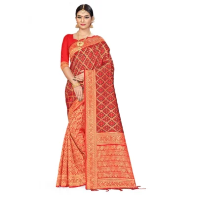 Women's Banarasi silk Saree with Women>Ethnic Wear>Blouse (Red,black, 5-6mtr)