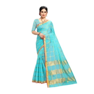 Women's Kota Doria Cotton Saree With Women>Ethnic Wear>Blouse (Sky Blue,6-3 Mtrs)
