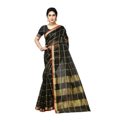 Women's Kota Doria Cotton Saree With Women>Ethnic Wear>Blouse (Black,6-3 Mtrs)