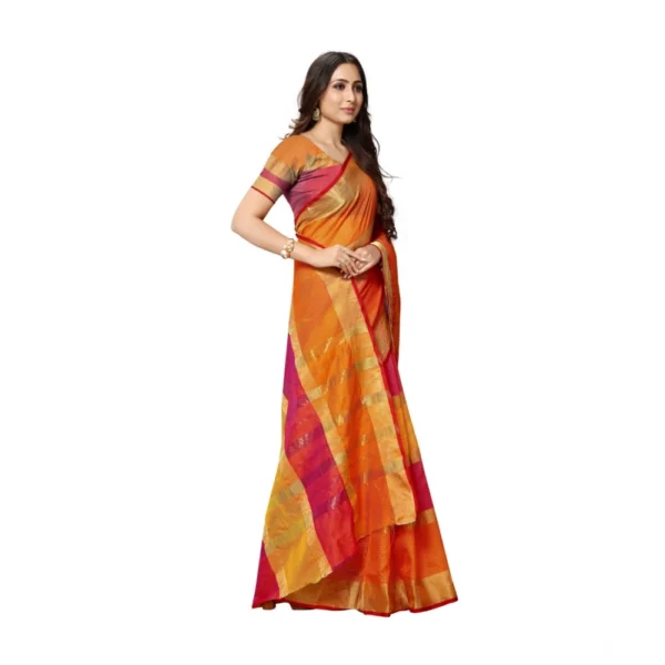 Women's Kota Doria Cotton Saree With Women>Ethnic Wear>Blouse (Orange,6-3 Mtrs) - Image 3