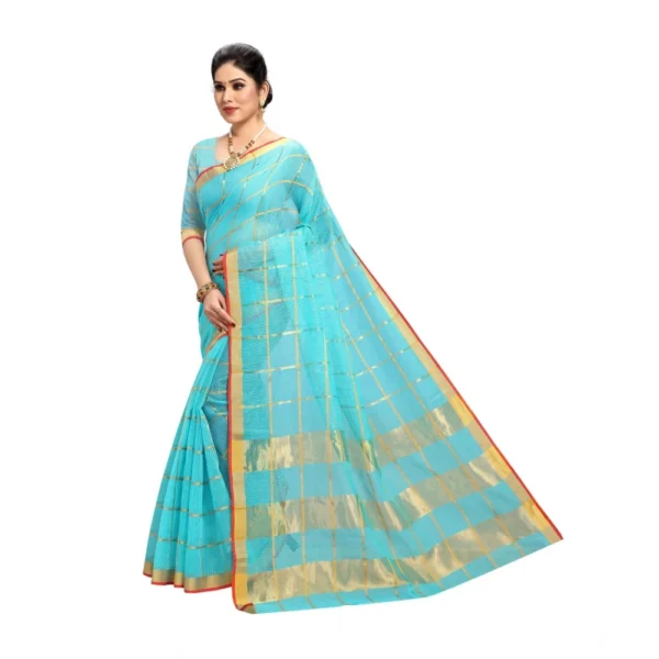 Women's Kota Doria Cotton Saree With Women>Ethnic Wear>Blouse (Sky Blue,6-3 Mtrs) - Image 3
