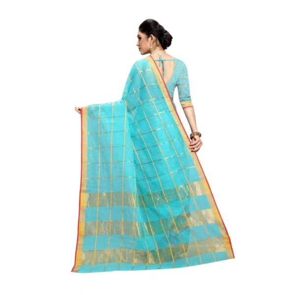 Women's Kota Doria Cotton Saree With Women>Ethnic Wear>Blouse (Sky Blue,6-3 Mtrs) - Image 4