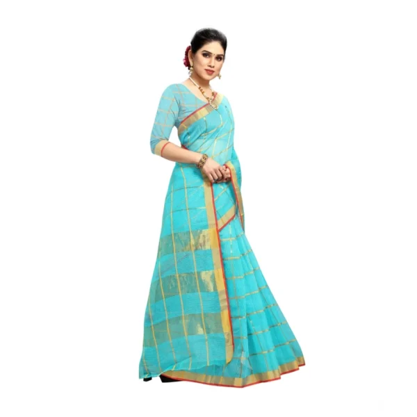 Women's Kota Doria Cotton Saree With Women>Ethnic Wear>Blouse (Sky Blue,6-3 Mtrs) - Image 2