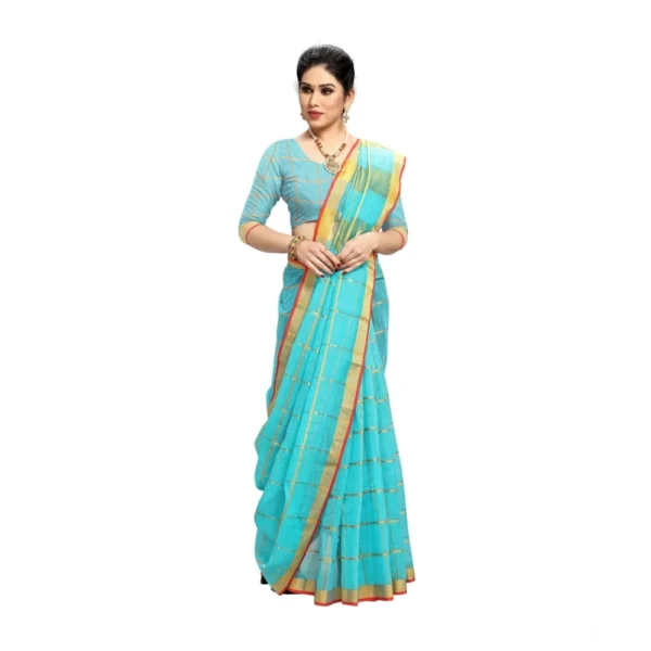 Women's Kota Doria Cotton Saree With Women>Ethnic Wear>Blouse (Sky Blue,6-3 Mtrs) - Image 5