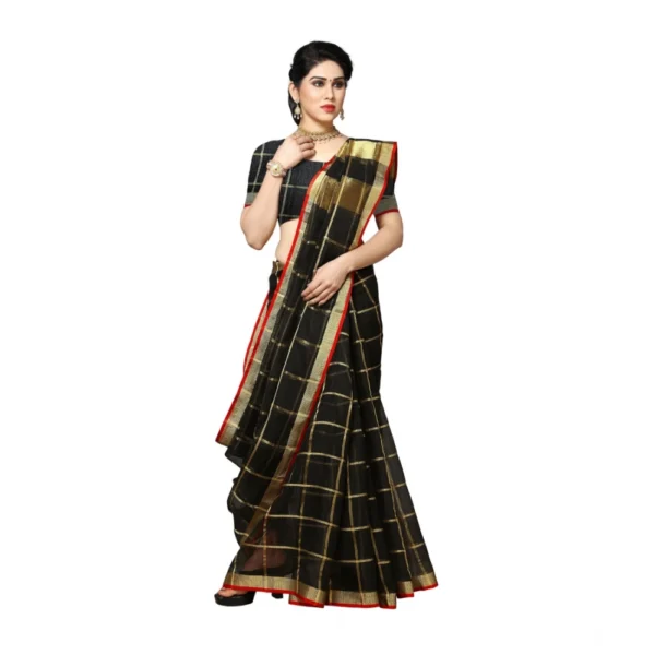 Women's Kota Doria Cotton Saree With Women>Ethnic Wear>Blouse (Black,6-3 Mtrs) - Image 5