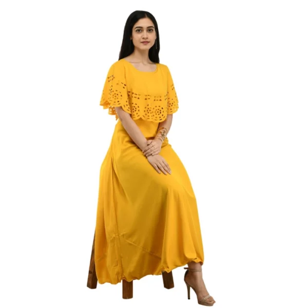 Women's Crepe Solid Sleeveless Full Length Gown(Yellow) - Image 3