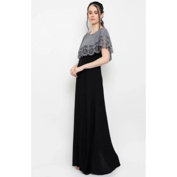 Women's Crepe Solid Sleeveless Full Length Gown(Grey Black) - Image 4