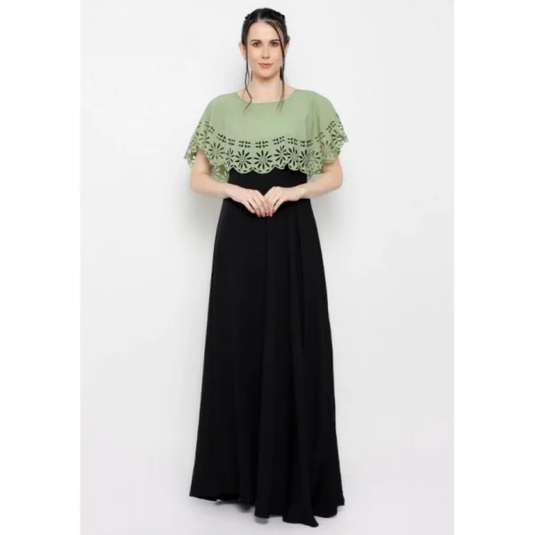 Women's Crepe Solid Sleeveless Full Length Gown(Green Black) - Image 6
