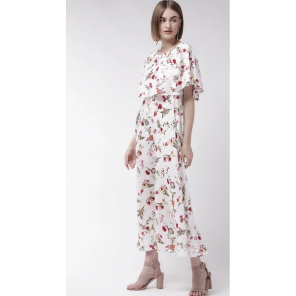 Women's Crepe Floral Half Sleeves Full Length Gown(White) - Image 3