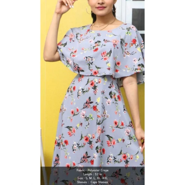 Women's Crepe Floral Half Sleeves Full Length Gown(Light Grey) - Image 3