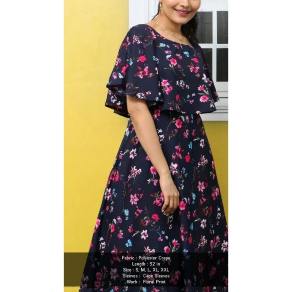 Women's Crepe Floral Half Sleeves Full Length Gown(Dark Blue) - Image 3