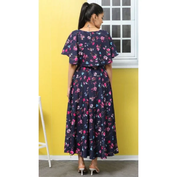 Women's Crepe Floral Half Sleeves Full Length Gown(Dark Blue) - Image 5