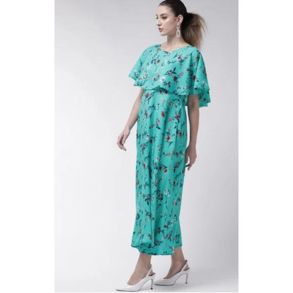 Women's Crepe Floral Half Sleeves Full Length Gown(Turquoise) - Image 3