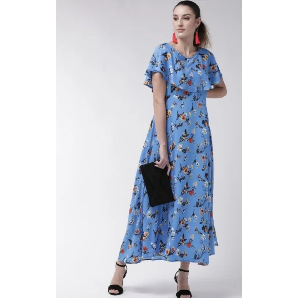 Women's Crepe Floral Half Sleeves Full Length Gown(Blue) - Image 2