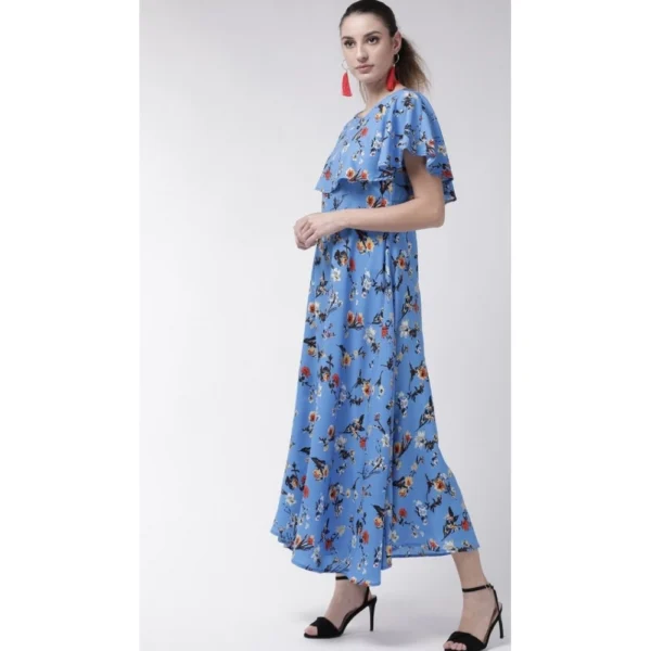 Women's Crepe Floral Half Sleeves Full Length Gown(Blue) - Image 3