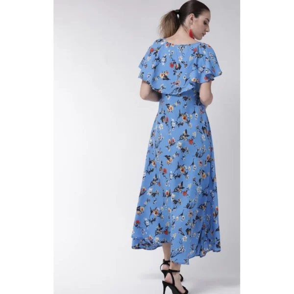 Women's Crepe Floral Half Sleeves Full Length Gown(Blue) - Image 5