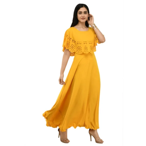 Women's Crepe Solid Sleeveless Full Length Gown(Yellow) - Image 2