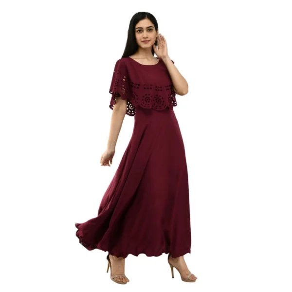 Women's Crepe Solid Sleeveless Full Length Gown(Wine) - Image 2