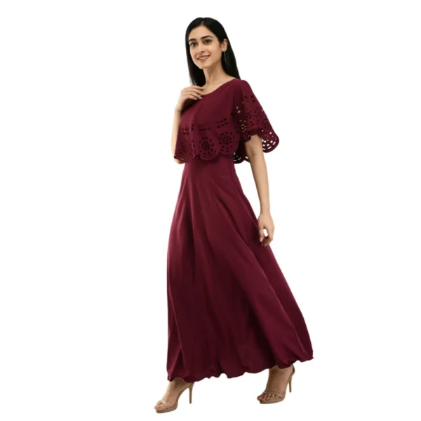 Women's Crepe Solid Sleeveless Full Length Gown(Wine) - Image 5