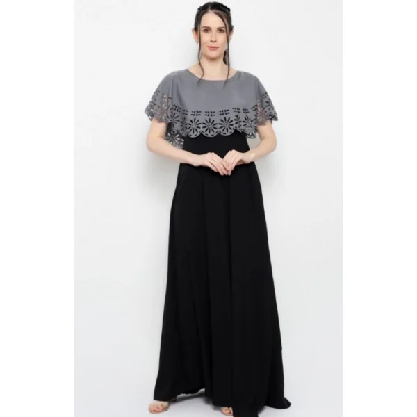 Women's Crepe Solid Sleeveless Full Length Gown(Grey Black) - Image 7