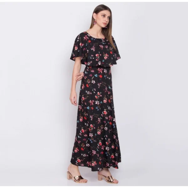 Women's Crepe Floral Half Sleeves Full Length Gown(Black) - Image 3