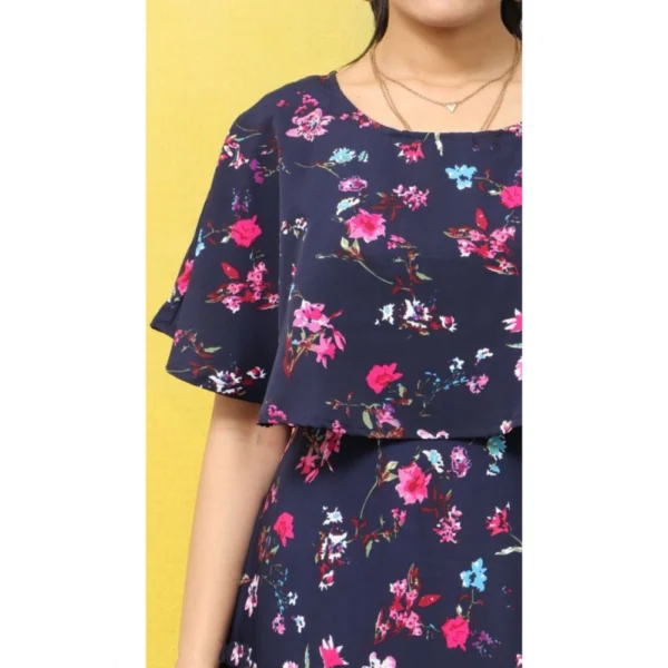 Women's Crepe Floral Half Sleeves Full Length Gown(Dark Blue) - Image 2