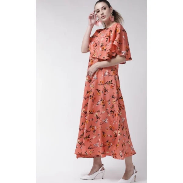 Women's Crepe Floral Half Sleeves Full Length Gown(Orange) - Image 3