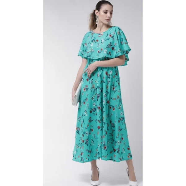 Women's Crepe Floral Half Sleeves Full Length Gown(Turquoise) - Image 2