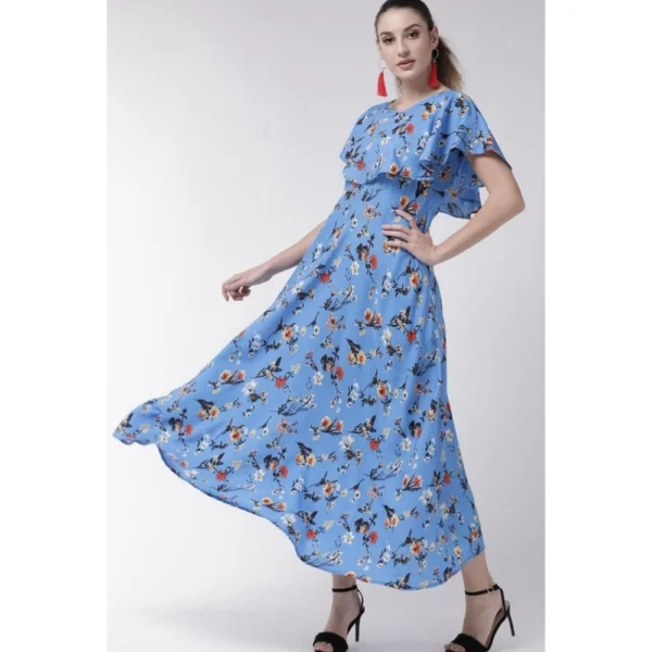 Women's Crepe Floral Half Sleeves Full Length Gown(Blue) - Image 6
