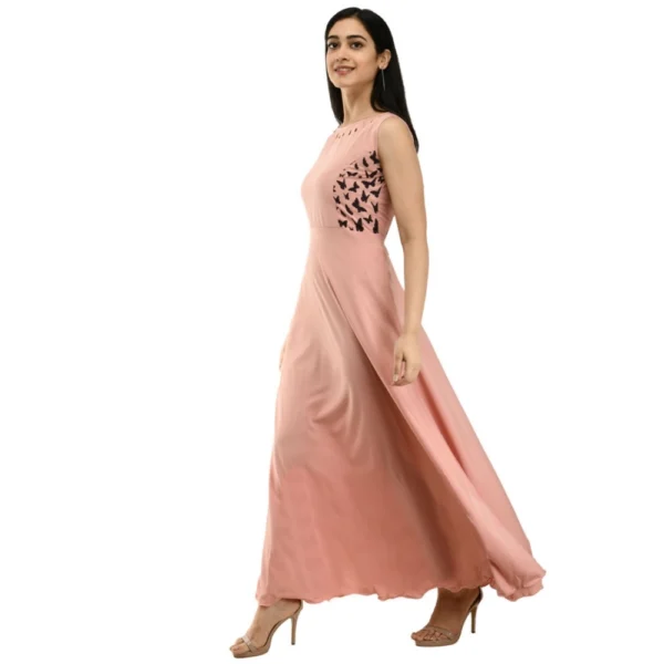 Women's Crepe Solid Sleeveless Full Length Gown(Light Peach) - Image 2