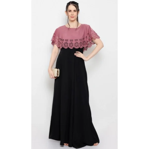 Women's Crepe Solid Sleeveless Full Length Gown(Peach Black) - Image 2