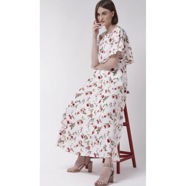 Women's Crepe Floral Half Sleeves Full Length Gown(White) - Image 2