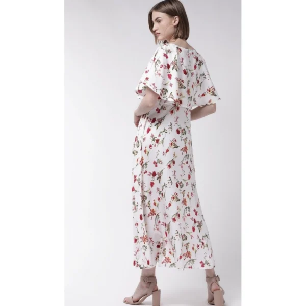 Women's Crepe Floral Half Sleeves Full Length Gown(White) - Image 5