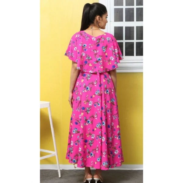 Women's Crepe Floral Half Sleeves Full Length Gown(Pink) - Image 5