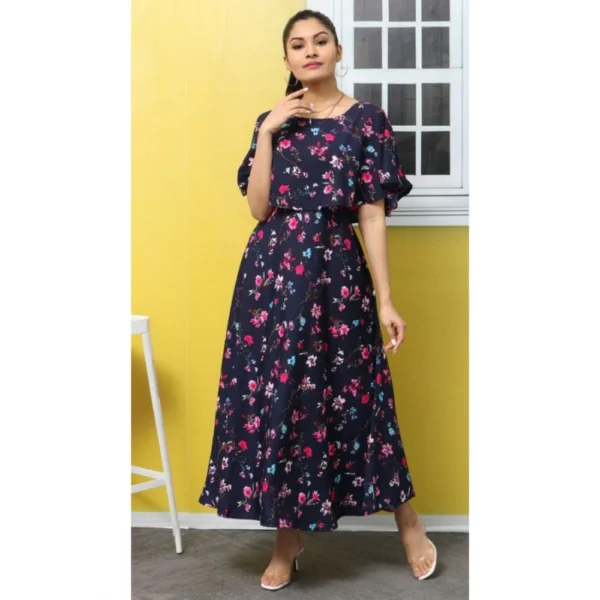 Women's Crepe Floral Half Sleeves Full Length Gown(Dark Blue) - Image 6