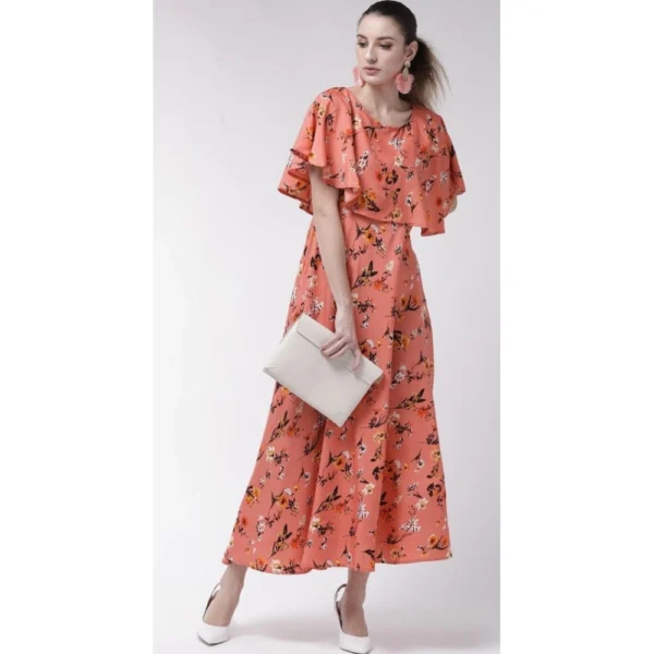Women's Crepe Floral Half Sleeves Full Length Gown(Orange) - Image 2