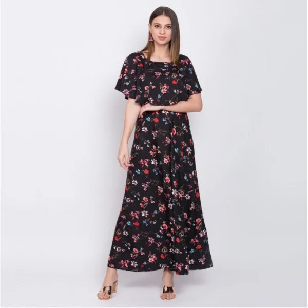 Women's Crepe Floral Half Sleeves Full Length Gown(Black) - Image 4