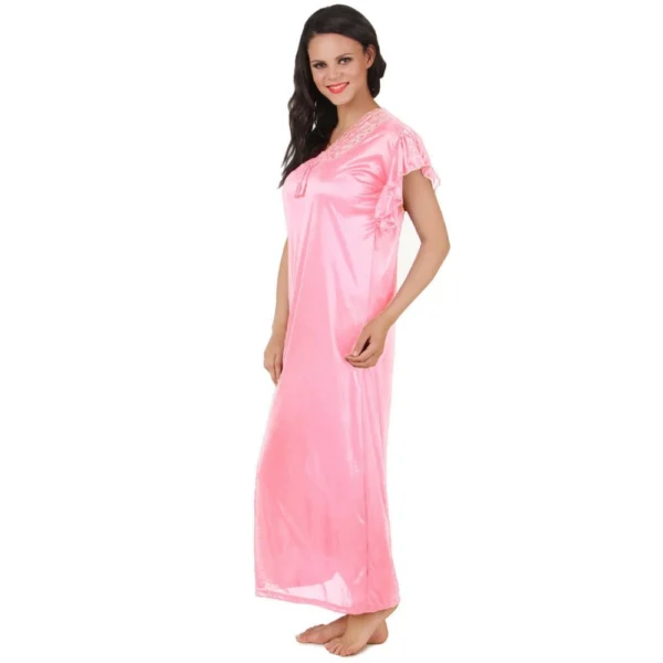 Women's Satin Long Nighty Frill Sleeve(Color: Baby Pink, Neck Type: V Neck) - Image 3