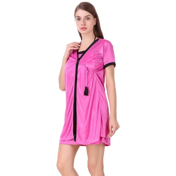 Women's Satin Short Wrap Gown with Half Sleeve(Color: Pink and Black, Neck Type: V Neck) - Image 3