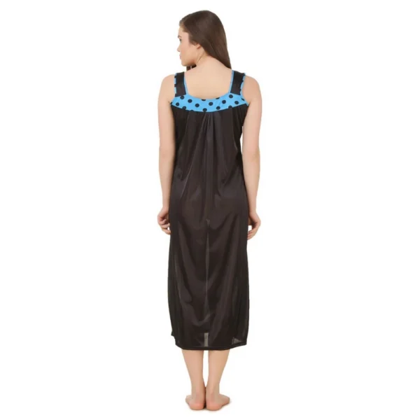 Women's Satin Long Nighty with Sleeve Less(Color: Turquoise and Black, Neck Type: U Neck) - Image 2