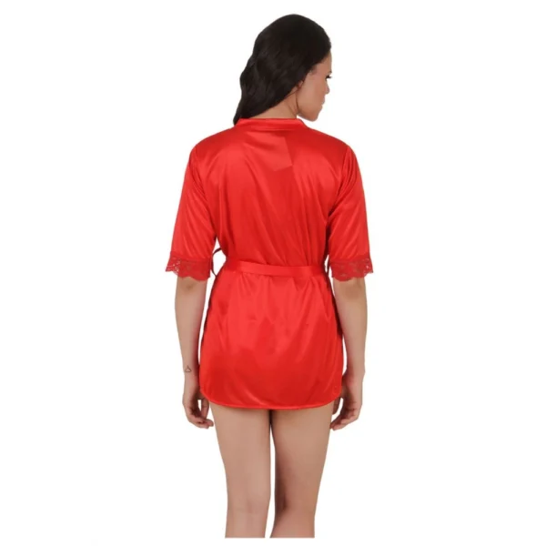 Women's Satin Babydoll Robe with Thong with Half Sleeve(Color: Red, Neck Type: V Neck) - Image 2