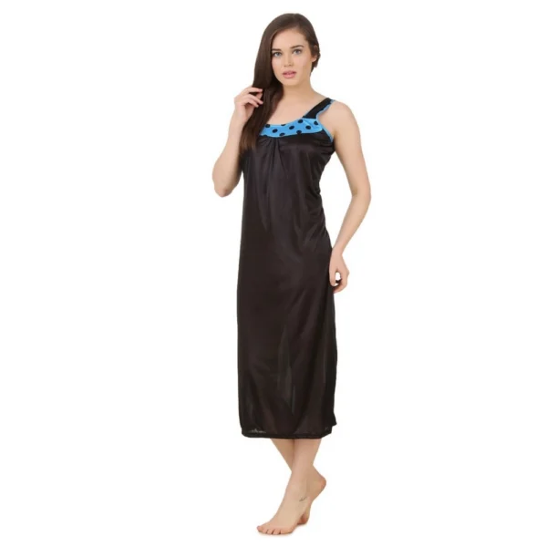 Women's Satin Long Nighty with Sleeve Less(Color: Turquoise and Black, Neck Type: U Neck) - Image 3