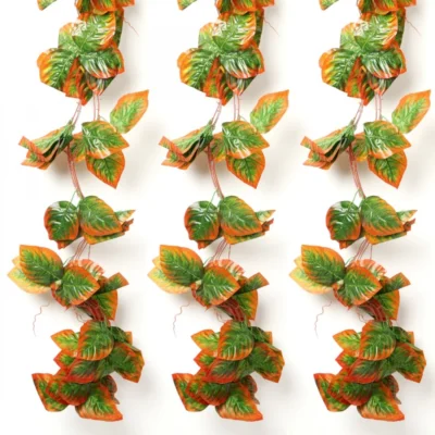 Pack Of 2 Silk Polyester Artificial Shaded Orange Green Leaf Vine Hanging Garland Foliage Flowers Leaf Plants For Wall Decoration (Color: Orange-Green,Length: 15 Feet)