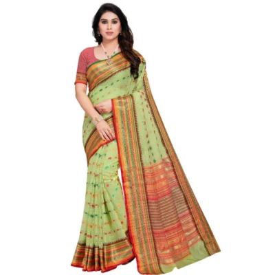 Women's Kota Doria Cotton Woven Butta Saree With Women>Ethnic Wear>Blouse (Light Green, 5-6 Mtrs)