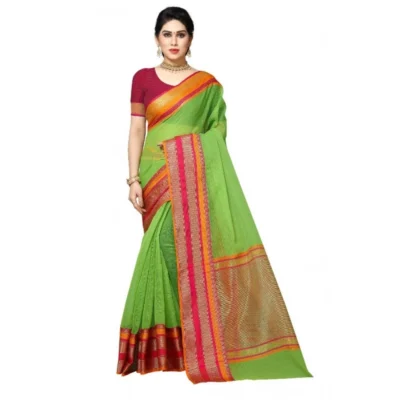 Women's Kota Doria Cotton Border Saree With Women>Ethnic Wear>Blouse (Light Green, 5-6 Mtrs)