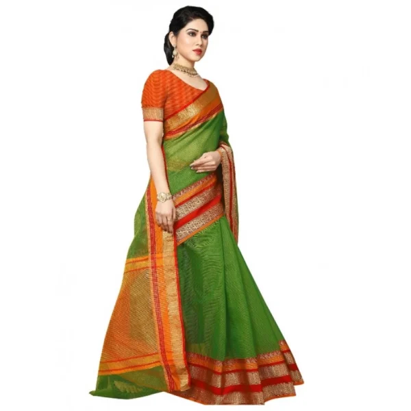 Women's Kota Doria Cotton Border Saree With Women>Ethnic Wear>Blouse (Green, 5-6 Mtrs) - Image 3