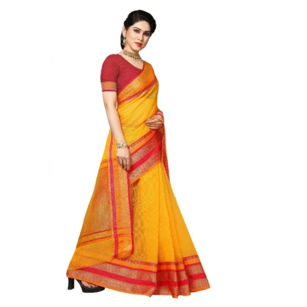 Women's Kota Doria Cotton Border Saree With Women>Ethnic Wear>Blouse (Gold, 5-6 Mtrs) - Image 3
