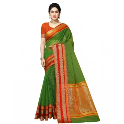 Women's Kota Doria Cotton Border Saree With Women>Ethnic Wear>Blouse (Green, 5-6 Mtrs)