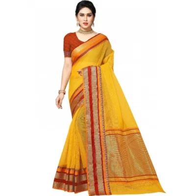 Women's Kota Doria Cotton Border Saree With Women>Ethnic Wear>Blouse (Yellow, 5-6 Mtrs)